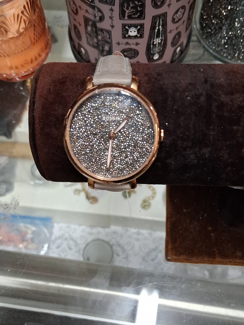 Fossil Gold Crystal Pavé Dial Watch with Light Gray Strap